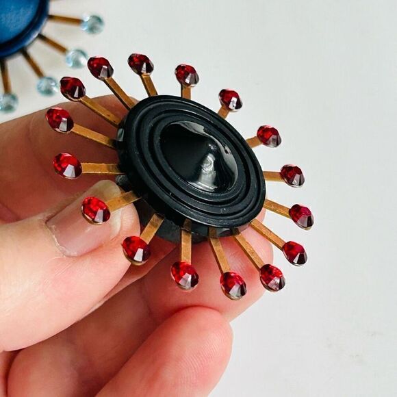 Upcycled Atomic Starburst Refrigerator Magnet Buttons Rhinestones Black Red - Picture 5 of 5